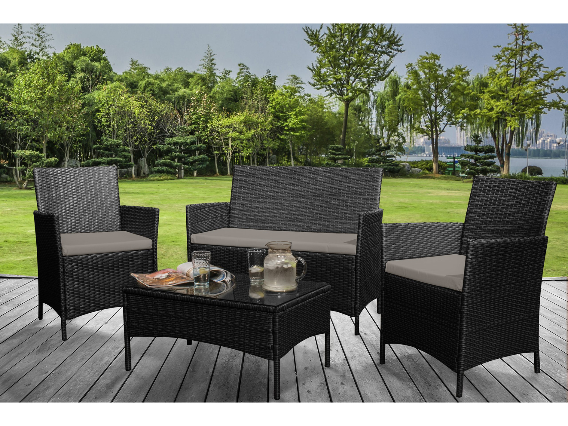 Hagemøbler sett bord med 2 stoler og benk rotting Svart - Bilde 2