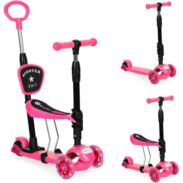 Balansesparkesykkel trehjuls LED 3i1 lysende hjul ECOTOYS Rosa