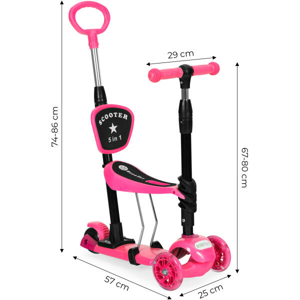 Balansesparkesykkel trehjuls LED 3i1 lysende hjul ECOTOYS Rosa - Bilde 9