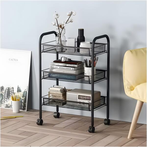 Metallhylle mobil baderom med 3 hyller hjul ModernHome Svart - Bilde 3