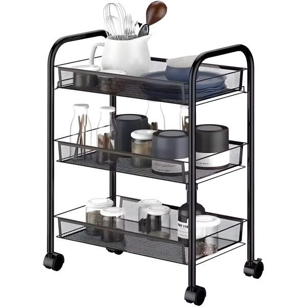 Metallhylle mobil baderom med 3 hyller hjul ModernHome Svart - Bilde 6