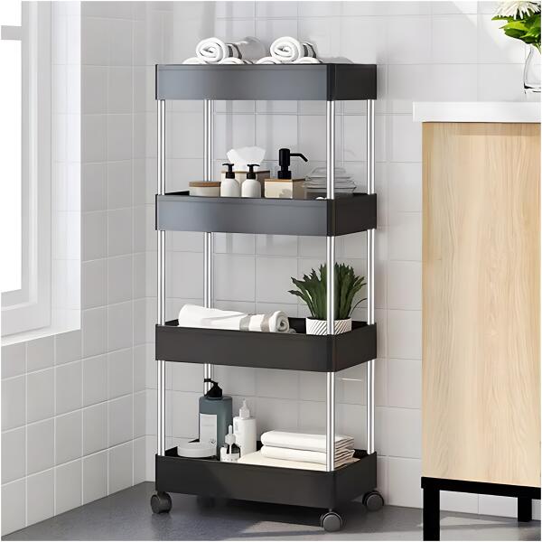 Plast hylle til badet med 4 hyller hjul ModernHome Svart - Bilde 4