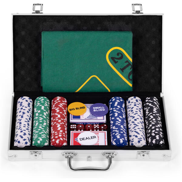 Poker Blackjack sett 300 sjetonger 2 kortstokker spillmatte koffert - Bilde 3