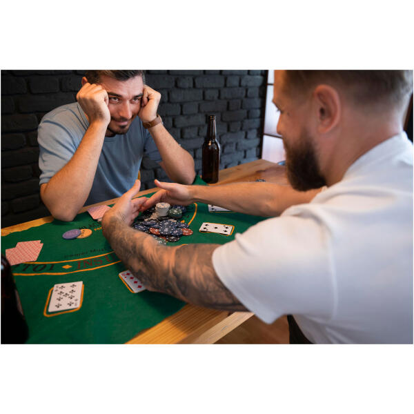 Poker Blackjack sett 300 sjetonger 2 kortstokker spillmatte koffert - Bilde 8