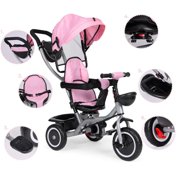 Trehjulssykkel barnevogn 2i1 roterbart sete sammenleggbar kalesje ECOTOYS Rosa - Bilde 9