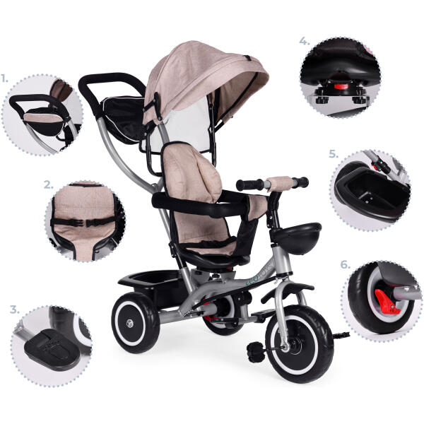 Trehjulssykkel barnevogn 2-i-1 roterbart sete sammenleggbar kalesje ECOTOYS Beige - Bilde 9