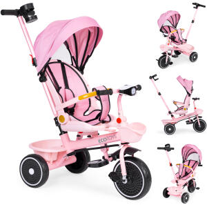 Trehjulssykkel barnevogn 2i1 roterbart sete sammenleggbart tak ECOTOYS Rosa