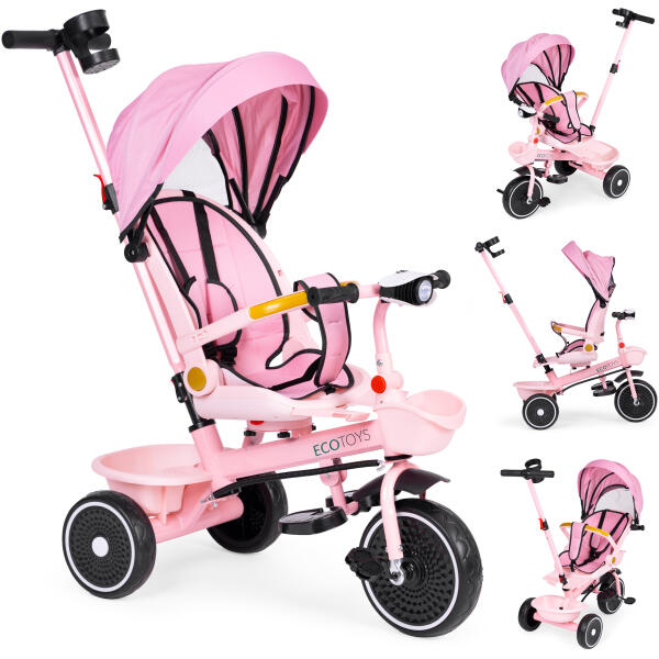 Trehjulssykkel barnevogn 2i1 roterbart sete sammenleggbart tak ECOTOYS Rosa