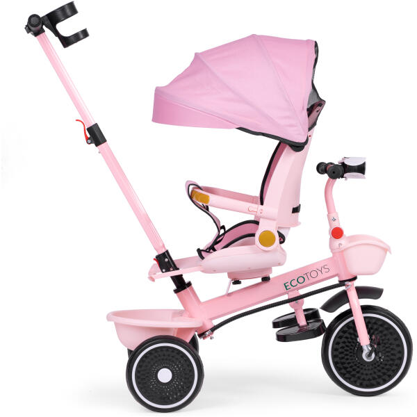 Trehjulssykkel barnevogn 2i1 roterbart sete sammenleggbart tak ECOTOYS Rosa - Bilde 4