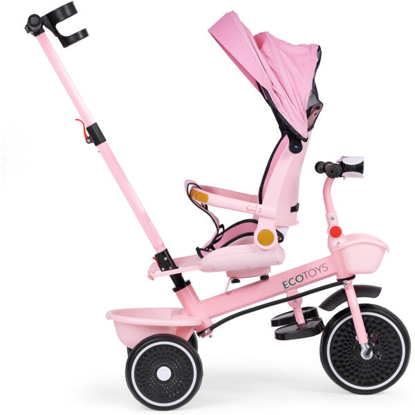Trehjulssykkel barnevogn 2i1 roterbart sete sammenleggbart tak ECOTOYS Rosa - Bilde 5