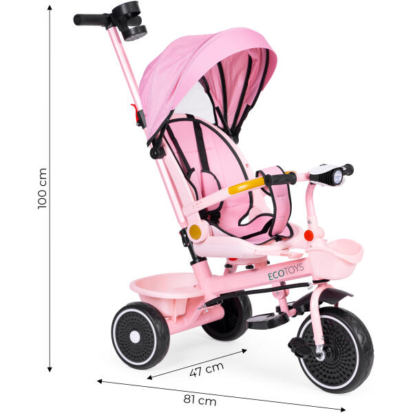 Trehjulssykkel barnevogn 2i1 roterbart sete sammenleggbart tak ECOTOYS Rosa - Bilde 7