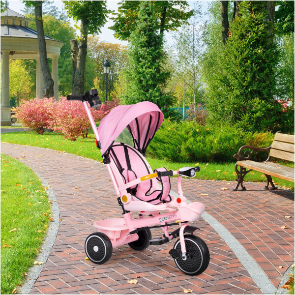 Trehjulssykkel barnevogn 2i1 roterbart sete sammenleggbart tak ECOTOYS Rosa - Bilde 8