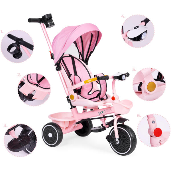 Trehjulssykkel barnevogn 2i1 roterbart sete sammenleggbart tak ECOTOYS Rosa - Bilde 9