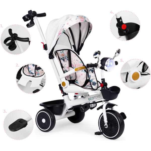 Trehjulssykkel for barn barnevogn roterende sete skyver baldakin ECOTOYS - Bilde 10