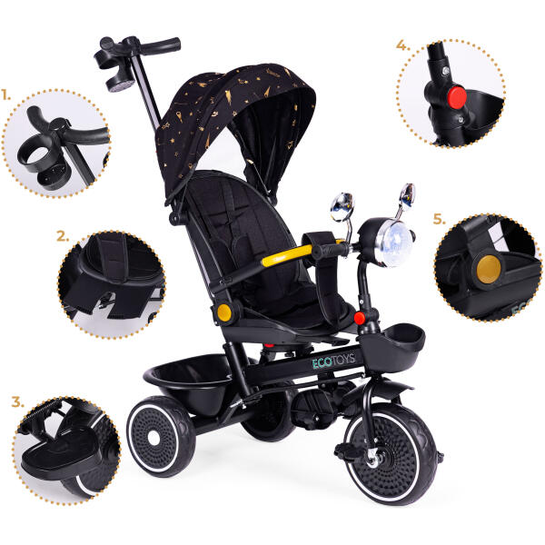 Trehjulssykkel for barn sportsvogn roterbart sete skyver ECOTOYS Svart - Bilde 9