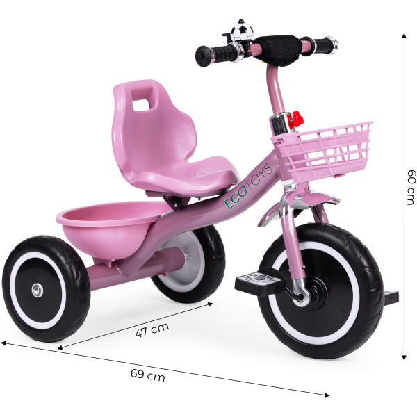 Trehjulssykkel sklisikre håndtak bjelle kurv ECOTOYS Rosa - Bilde 6