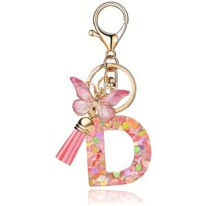 Nøkkelring BOKSTAV "D" sommerfugl hjerter Rosa