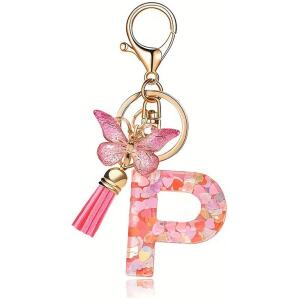 Nøkkelring BOKSTAV "P" sommerfugl hjerter Rosa