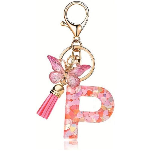 Nøkkelring BOKSTAV "P" sommerfugl hjerter Rosa