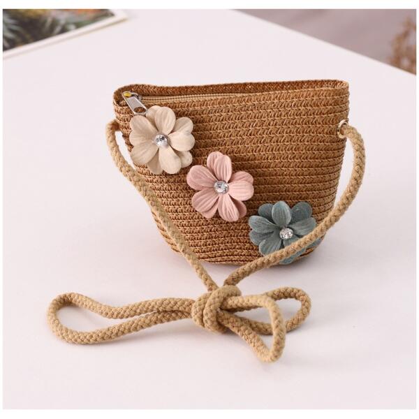 Sett veske og hatt 52 cm for jente strå BOHO BLOMSTER CZ38 - Bilde 3