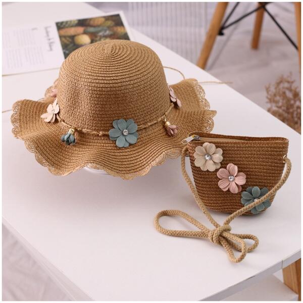 Sett veske og hatt 52 cm for jente strå BOHO BLOMSTER CZ38 - Bilde 2