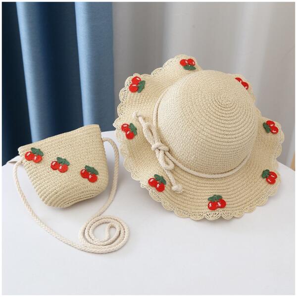Sett veske og hatt 52cm for jente strå CHERRIES CZ44 Rød - Bilde 2
