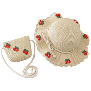 Sett veske og hatt 52cm for jente strå CHERRIES CZ44 Rød