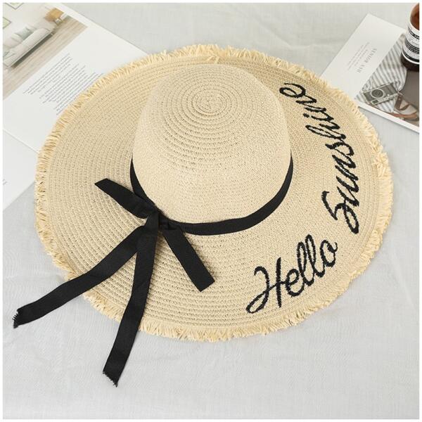 Stilig dame strandhatt stråhatt HELLO SUNSHINE sløyfe CZ47 Beige - Bilde 3