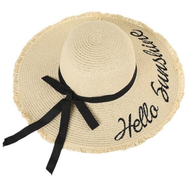 Stilig dame strandhatt stråhatt HELLO SUNSHINE sløyfe CZ47 Beige - Bilde 2