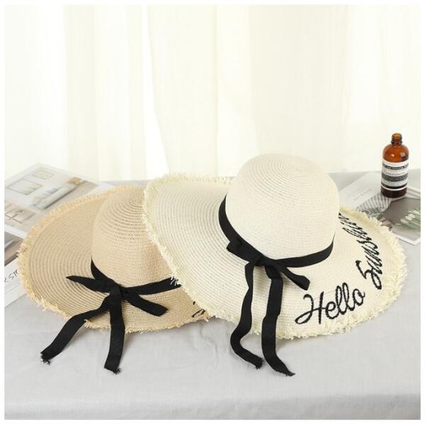 Stilig dame strandhatt stråhatt HELLO SUNSHINE sløyfe CZ47 Beige - Bilde 4