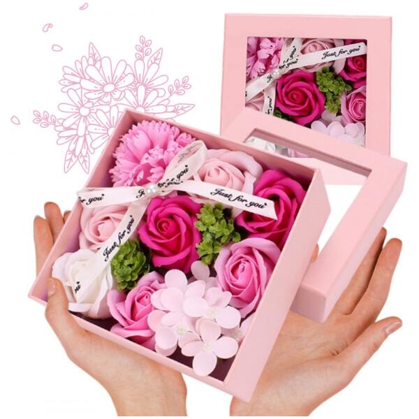 Bukett av duftende såpeblomster i dekorativ eske flower box BUK02R Rød