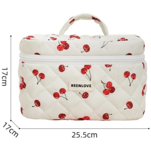 Quiltet damekosmetikkveske koffert i kirsebær 17x17x25,5cm KS123 Kirsebær - Bilde 2