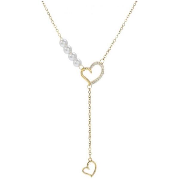 Halskjede edelstål forgylt med 14k gull hjerter med cubic zirconia perler NST2172 Gull - Bilde 2