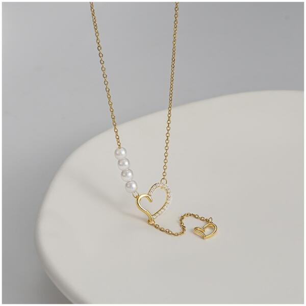 Halskjede edelstål forgylt med 14k gull hjerter med cubic zirconia perler NST2172 Gull - Bilde 3
