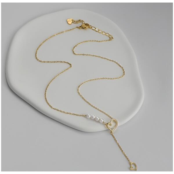 Halskjede edelstål forgylt med 14k gull hjerter med cubic zirconia perler NST2172 Gull - Bilde 4