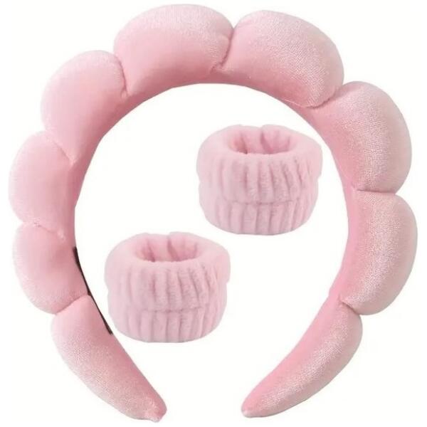 Sett med kosmetiske pannebånd og håndleddsbånd 17 x 19 cm Rosa