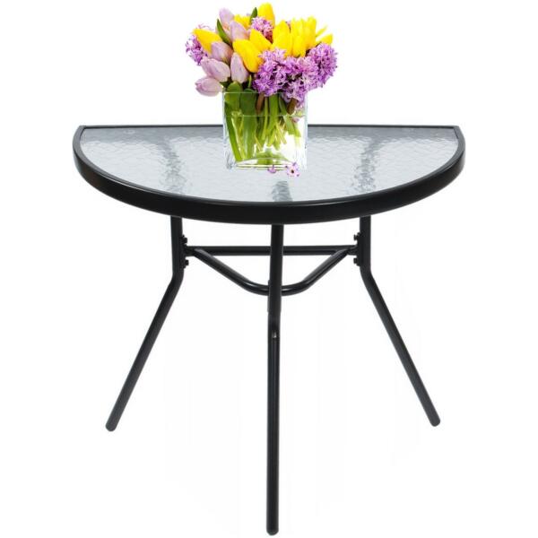 Halvrundt glasskaffebord for balkong terrasse patio Svart