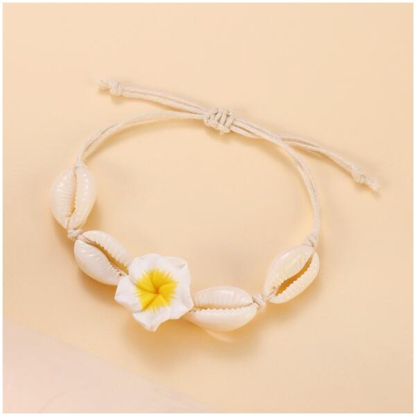 Armbånd 2-i-1 for ankel og hånd på snor muslinger og hawaii-blomst B542ZO Gul - Bilde 4