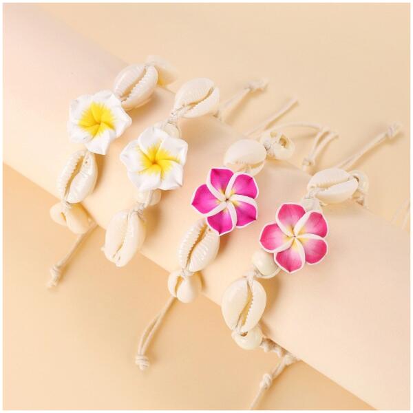 Armbånd 2-i-1 for ankel og hånd på snor muslinger og hawaii-blomst B542ZO Gul - Bilde 5