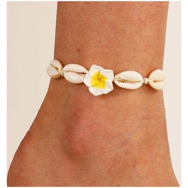 Armbånd 2-i-1 for ankel og hånd på snor muslinger og hawaii-blomst B542ZO Gul - Bilde 3