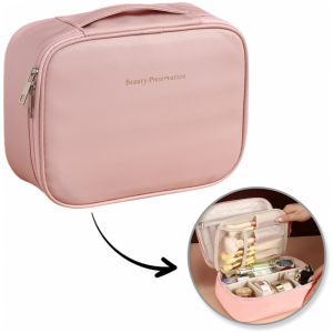 Kosmetikkveske sammenleggbar elegant koffert etui i økoskinn KS146R Rosa