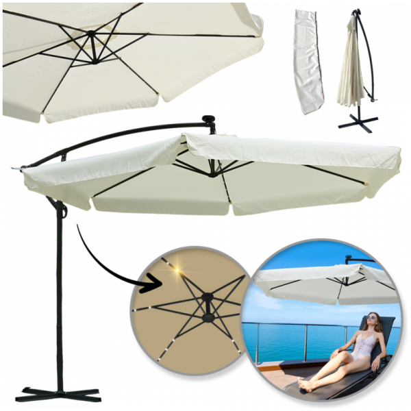 Parasol hage med SOLAR LED belysning 3,5 m med utligger og kappe Krem