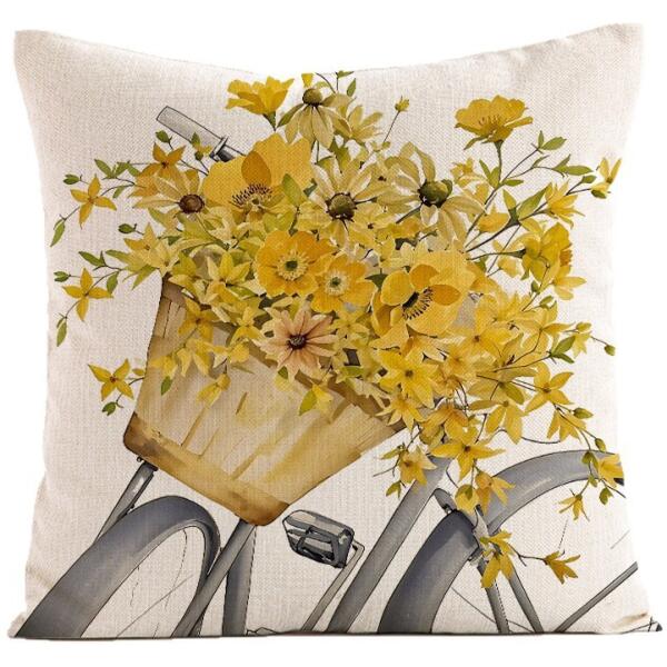 Linhus putetrekk 45 x 45 cm med trykk gule blomster POD238 Gul - Bilde 2