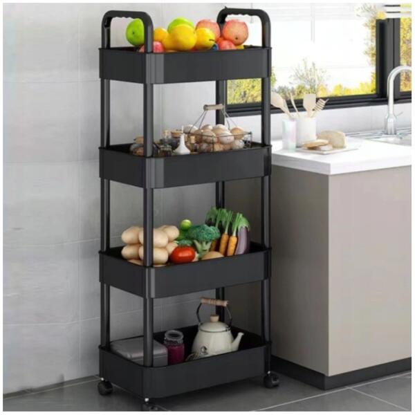 Reol skap mobil på hjul 4 nivåer 36x24x84 cm Svart - Bilde 4