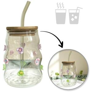 Glass med bølgete vegger og blomster 450 ml med sugerør og lokk SZK164