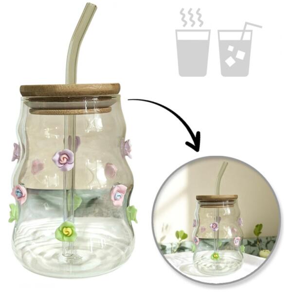 Glass med bølgete vegger og blomster 450 ml med sugerør og lokk SZK164