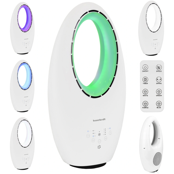 Moderne gulvstående bladløs vifte 60W 3 arbeidsmoduser fjernkontroll timer LED-belysning
