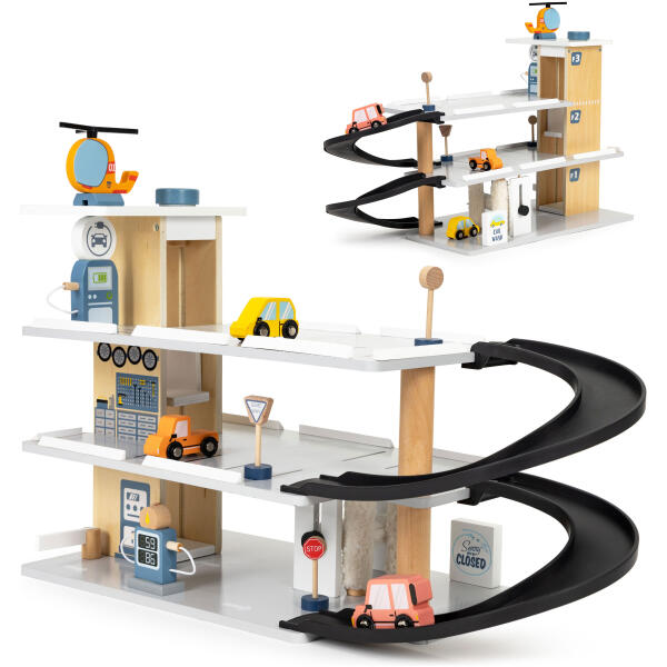 Stor treparkering med heis med biler og helikopter vaskehall ECOTOYS