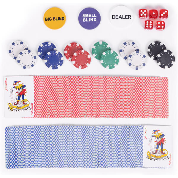 Poker Blackjack Sett 500 sjetonger 2 kortstokker terninger spillmatte lukkbar koffert - Bilde 6