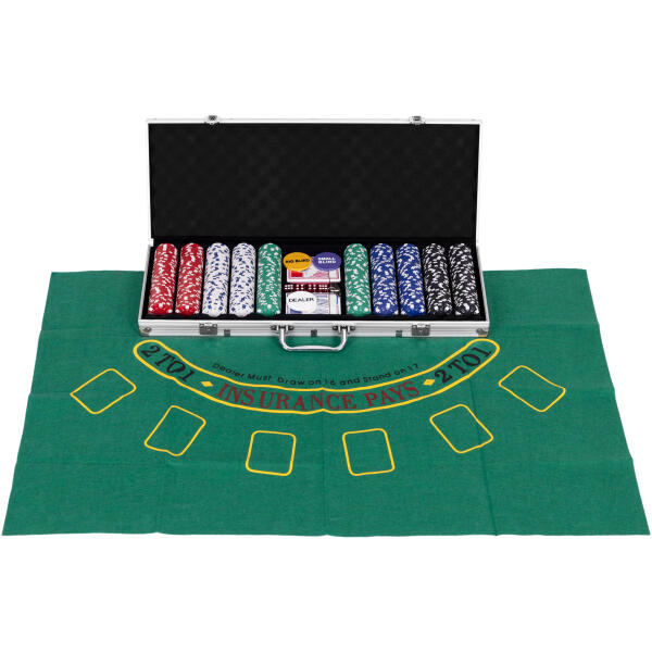 Poker Blackjack Sett 500 sjetonger 2 kortstokker terninger spillmatte lukkbar koffert - Bilde 5